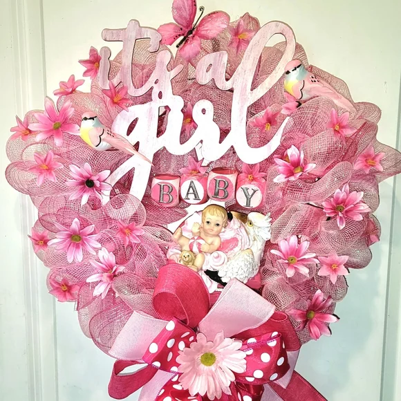 It's a Girl Wreath Deco Mesh Hand Painted Baby Stork Floral - Picture 4 of 13
